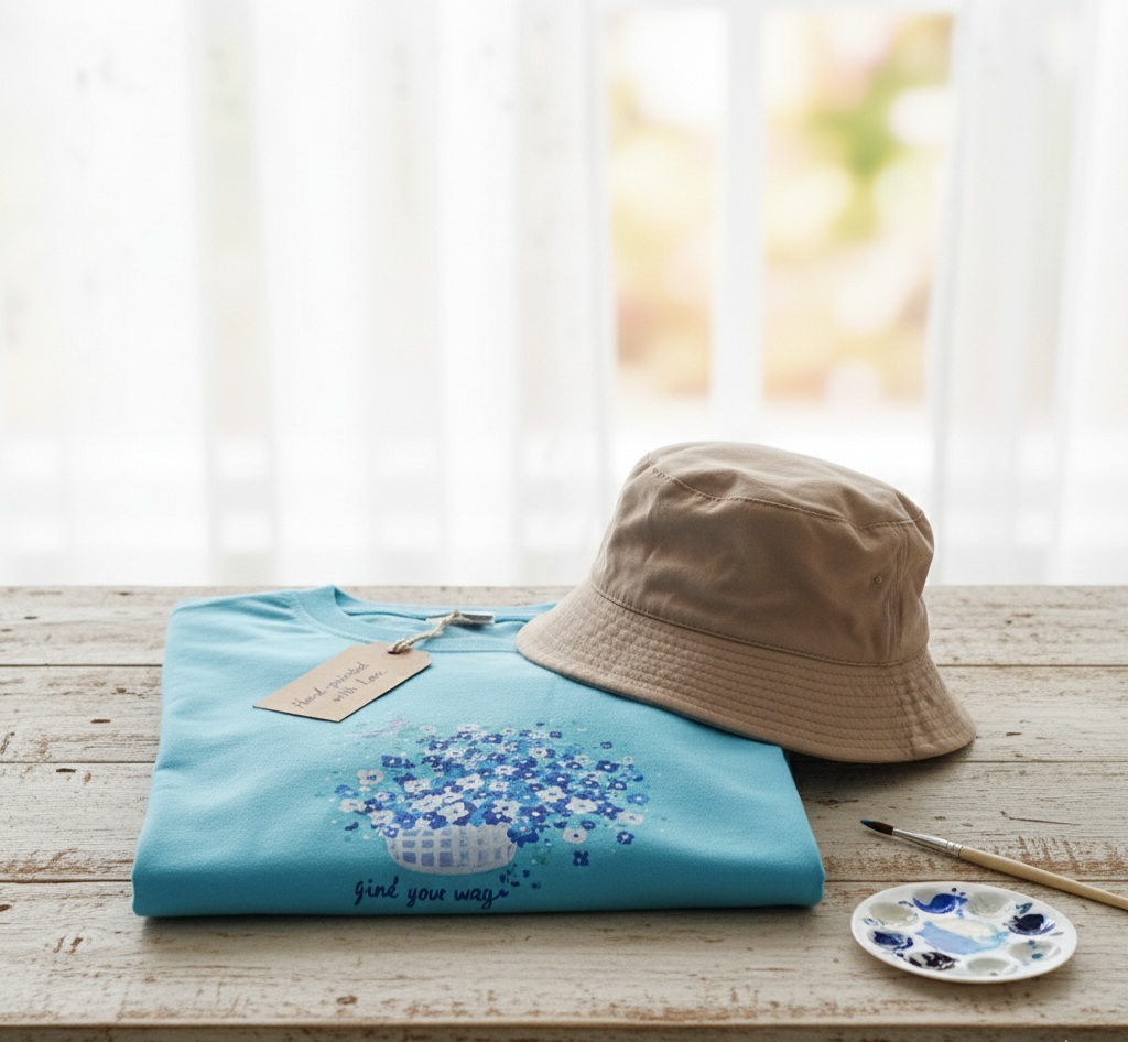 Painted t-shirt - Blue flowers