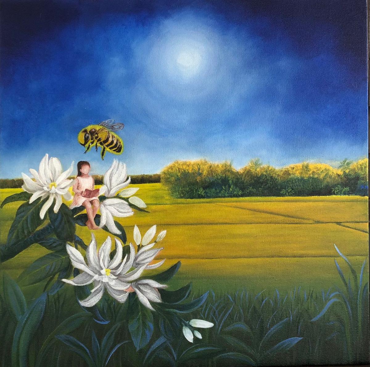 Little Girl, Bee and Paddy Field